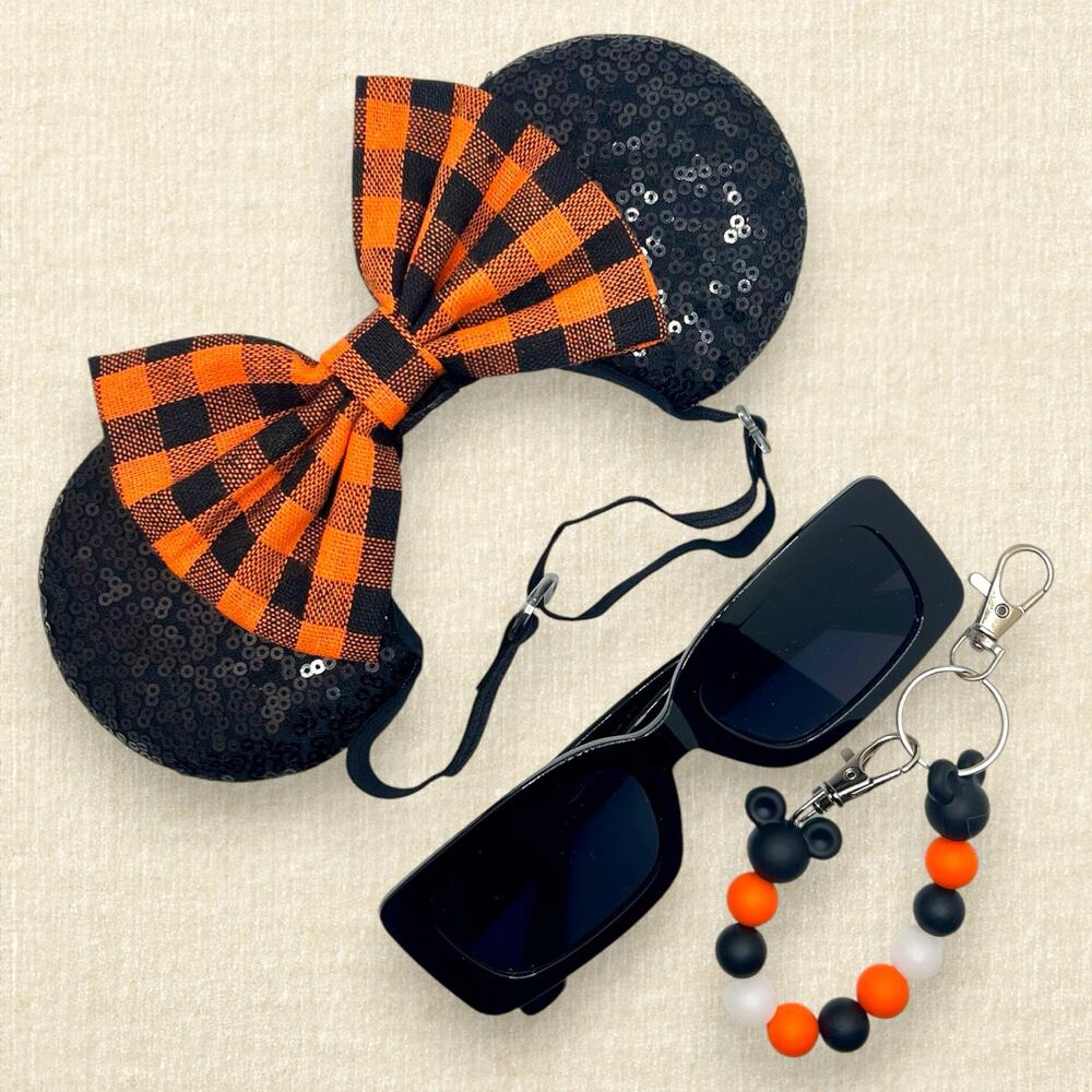 Elastic Orange & Black Plaid Minnie Ears | Disney-Inspired Fall Mouse Ears - Picture 2 of 3